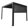 Eine schwarze, moderne Pergola mit Flachdach und Netzseiten steht auf vier stabilen Beinen und zeichnet sich durch minimalistisches Design aus. Sie ist ideal für Außenbereiche und kann mit dem Lamellendach nach Maß individuell angepasst oder für noch mehr Eleganz mit der Glasschiebewand kombiniert werden.